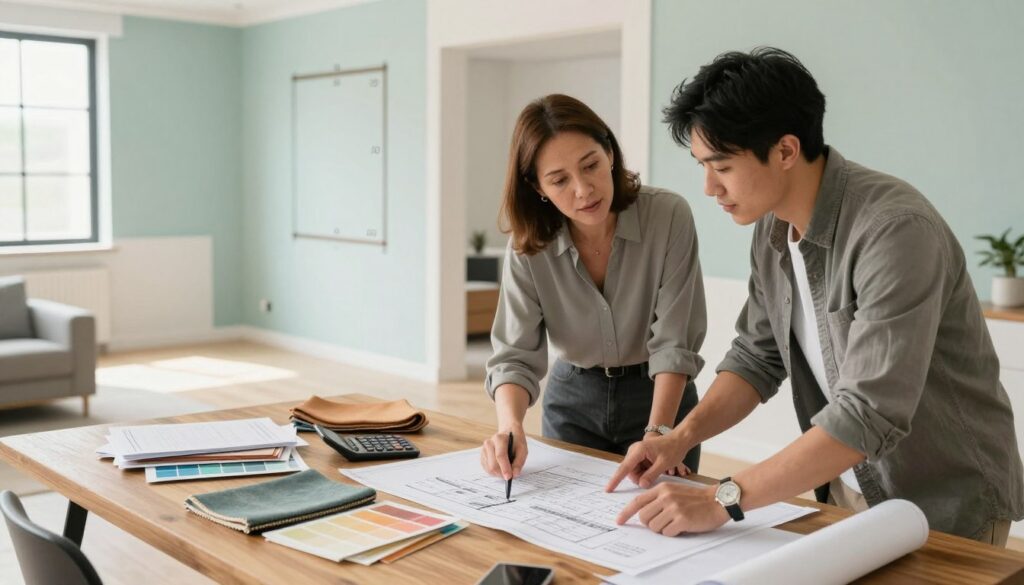 A modern interior scene depicting a professional interior designer examining blueprints and renovation costs in a stylish apartment setting. The foreground features a sleek wooden table laden with renovation materials like paint samples, fabric swatches, and a calculator. In the middle, the designer, a middle-aged Caucasian woman in smart casual attire, is thoughtfully discussing the budget with a client, a young Asian man dressed in business casual, as they point at the blueprints. The background showcases a partially renovated room with walls painted in soft colors and new flooring, emphasizing different room sizes (30, 40, 50, and 60 m²). The lighting is bright and natural, streaming through large windows, creating a professional yet inviting atmosphere. The overall mood is collaborative and focused on planning and budgeting. A modern interior scene depicting a professional interior designer examining blueprints and renovation costs in a stylish apartment setting. The foreground features a sleek wooden table laden with renovation materials like paint samples, fabric swatches, and a calculator. In the middle, the designer, a middle-aged Caucasian woman in smart casual attire, is thoughtfully discussing the budget with a client, a young Asian man dressed in business casual, as they point at the blueprints. The background showcases a partially renovated room with walls painted in soft colors and new flooring, emphasizing different room sizes (30, 40, 50, and 60 m²). The lighting is bright and natural, streaming through large windows, creating a professional yet inviting atmosphere. The overall mood is collaborative and focused on planning and budgeting.