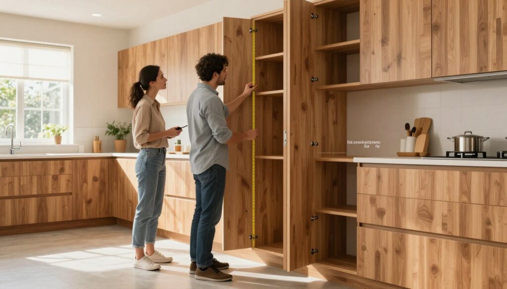 A modern kitchen interior featuring a carefully designed layout that illustrates the concept of "cabinet toe kick adjustments" for optimal usability based on height, foot size, and user habits. In the foreground, show a couple of professionals in modest casual clothing discussing cabinet measurements, one holding a measuring tape. The midground displays kitchen cabinets with varied toe kick depths to showcase customization options. The background features a warm, inviting kitchen atmosphere with natural light filtering through a window, accentuating the wood textures and bright colors. Use a wide-angle lens perspective to create depth, ensuring the focus remains on the interaction between the couple and the cabinets, evoking a sense of practicality and comfort in home design. A modern kitchen interior featuring a carefully designed layout that illustrates the concept of "cabinet toe kick adjustments" for optimal usability based on height, foot size, and user habits. In the foreground, show a couple of professionals in modest casual clothing discussing cabinet measurements, one holding a measuring tape. The midground displays kitchen cabinets with varied toe kick depths to showcase customization options. The background features a warm, inviting kitchen atmosphere with natural light filtering through a window, accentuating the wood textures and bright colors. Use a wide-angle lens perspective to create depth, ensuring the focus remains on the interaction between the couple and the cabinets, evoking a sense of practicality and comfort in home design.