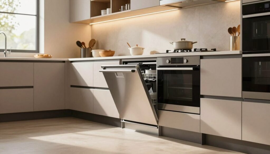 A modern kitchen showcasing a well-designed space with appliances strategically positioned near a recessed baseboard. In the foreground, a stylish, in-use dishwasher and sleek oven, with their lower edges aligned with a set-back base, demonstrating optimal clearance for comfort and functionality. The middle ground features a countertop with modern kitchenware, illuminated by warm, natural lighting coming from a window, creating a cozy atmosphere. In the background, cabinetry with contemporary designs provides ample storage, while unique corner solutions maximize space efficiency. The angle captures the essence of usability and aesthetics, inviting a sense of practicality and elegance. The overall mood is bright and welcoming, reflecting an ideal kitchen layout for everyday use. A modern kitchen showcasing a well-designed space with appliances strategically positioned near a recessed baseboard. In the foreground, a stylish, in-use dishwasher and sleek oven, with their lower edges aligned with a set-back base, demonstrating optimal clearance for comfort and functionality. The middle ground features a countertop with modern kitchenware, illuminated by warm, natural lighting coming from a window, creating a cozy atmosphere. In the background, cabinetry with contemporary designs provides ample storage, while unique corner solutions maximize space efficiency. The angle captures the essence of usability and aesthetics, inviting a sense of practicality and elegance. The overall mood is bright and welcoming, reflecting an ideal kitchen layout for everyday use.