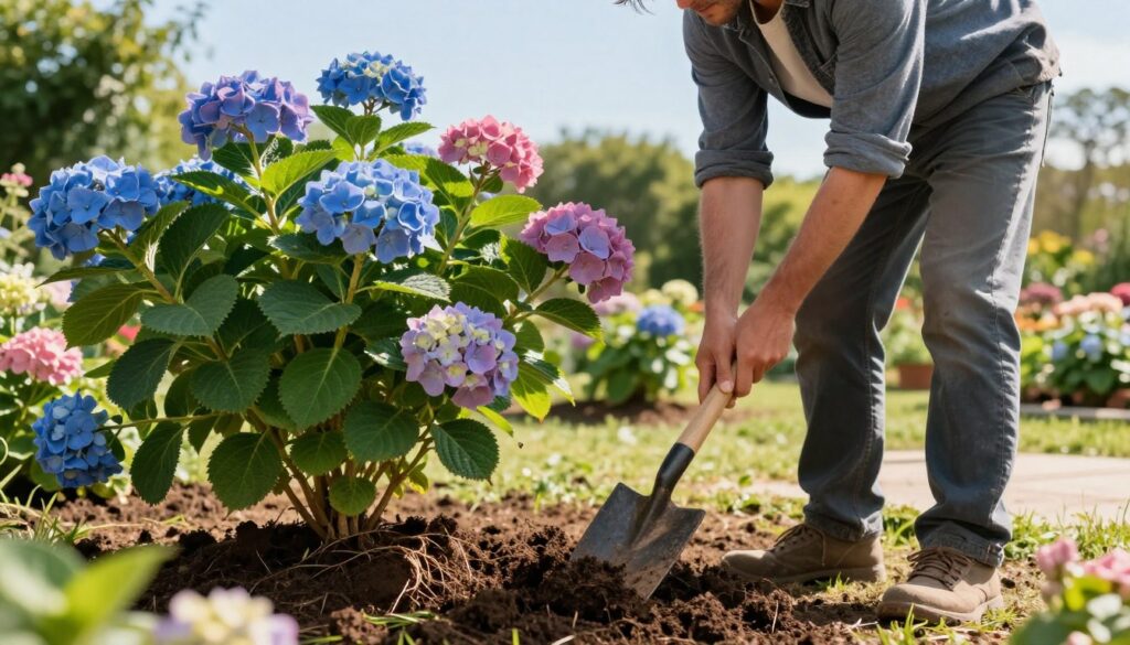 A professional gardener in modest casual clothing carefully digging around a large hydrangea bush, preparing to transplant it. The foreground showcases the gardener using a spade, with rich soil and roots visible. In the middle ground, a partially uprooted hydrangea bush reveals its vibrant flowers in shades of blue and pink, with healthy green leaves. The background features a sunny garden setting, displaying other blooming flowers and trees, under a clear blue sky. Soft, warm lighting casts gentle shadows, creating a serene and focused atmosphere. The composition should emphasize the importance of gentle handling and proper technique when moving large shrubs without damaging them.