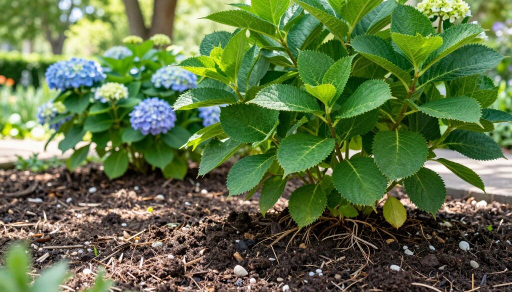 A rich, lush garden scene focusing on hydrangea plants, showcasing their vibrant green leaves and blossoming flowers. In the foreground, a close-up of the soil mixture, emphasizing its texture, consisting of dark, fertile compost, bits of bark, and small pebbles for drainage. The middle ground features a well-established hydrangea bush, its roots visibly hugging the nutrient-rich soil. The background shows blurred garden elements, evoking a sunny day with gentle sunlight filtering through leafy trees, casting soft shadows. The scene embodies a peaceful atmosphere, suggesting tranquility and growth. The composition is bright and inviting, with a shallow depth of field to highlight the foreground details, and a focus on the rich, healthy substrate essential for hydrangeas.