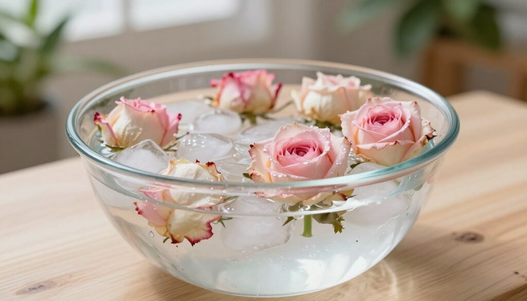 A serene and refreshing scene featuring a clear glass bowl filled with ice-cold water, where beautiful wilted roses are gently submerged. The foreground captures the delicate petals of the roses, showcasing their subtle hues of pink and white, with droplets of water glistening on their surfaces. In the middle, the bowl sits on a light-colored wooden surface, reflecting soft natural light that highlights the textures of the petals and the ice. The background is softly blurred, featuring a cozy, well-lit room adorned with green plants, bringing a sense of tranquility and rejuvenation. The overall mood is calm and refreshing, emphasizing the restorative effect of the cold water bath on the roses. The composition focuses on the roses and the bowl, creating a clear focal point without any distractions.