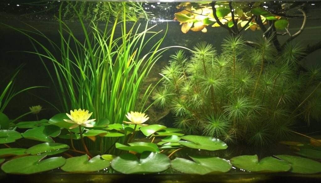 A serene aquatic scene featuring lush underwater plants in a small garden pond. In the foreground, include vibrant green water lilies with their broad leaves and delicate yellow blooms, providing an inviting touch. In the middle ground, showcase slender, swaying eelgrass and delicate, feathery hornwort, creating a soothing, gently flowing natural habitat. In the background, add hints of soft reflections from the water surface, with dappled sunlight filtering through a canopy of overhanging trees, casting a warm, tranquil glow. Capture the essence of an ideal underwater ecosystem that maintains clear water and supports aquatic life, giving a sense of peace and harmony in nature. Compose this image from a slight above-water angle to emphasize both the plants and the shimmering water. A serene aquatic scene featuring lush underwater plants in a small garden pond. In the foreground, include vibrant green water lilies with their broad leaves and delicate yellow blooms, providing an inviting touch. In the middle ground, showcase slender, swaying eelgrass and delicate, feathery hornwort, creating a soothing, gently flowing natural habitat. In the background, add hints of soft reflections from the water surface, with dappled sunlight filtering through a canopy of overhanging trees, casting a warm, tranquil glow. Capture the essence of an ideal underwater ecosystem that maintains clear water and supports aquatic life, giving a sense of peace and harmony in nature. Compose this image from a slight above-water angle to emphasize both the plants and the shimmering water.
