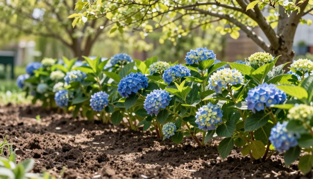 A serene early spring garden scene focused on vibrant, blooming hydrangeas, set against a soft-focus backdrop of delicate green leaves beginning to unfurl. In the foreground, rows of freshly turned soil suggest recent gardening activity, with rich, dark compost spread evenly around the hydrangeas, indicating fertilization. Sunlight filters through the branches of nearby trees, casting gentle, dappled shadows onto the ground, enhancing the fresh, invigorating atmosphere of spring. The composition captures the essence of renewal and growth, inviting the viewer to appreciate the beauty and vitality of these flowering shrubs as they thrive in this early season. A low-angle perspective emphasizes the vibrant colors of the flowers and the lush greenery, evoking a mood of freshness and optimism. A serene early spring garden scene focused on vibrant, blooming hydrangeas, set against a soft-focus backdrop of delicate green leaves beginning to unfurl. In the foreground, rows of freshly turned soil suggest recent gardening activity, with rich, dark compost spread evenly around the hydrangeas, indicating fertilization. Sunlight filters through the branches of nearby trees, casting gentle, dappled shadows onto the ground, enhancing the fresh, invigorating atmosphere of spring. The composition captures the essence of renewal and growth, inviting the viewer to appreciate the beauty and vitality of these flowering shrubs as they thrive in this early season. A low-angle perspective emphasizes the vibrant colors of the flowers and the lush greenery, evoking a mood of freshness and optimism.
