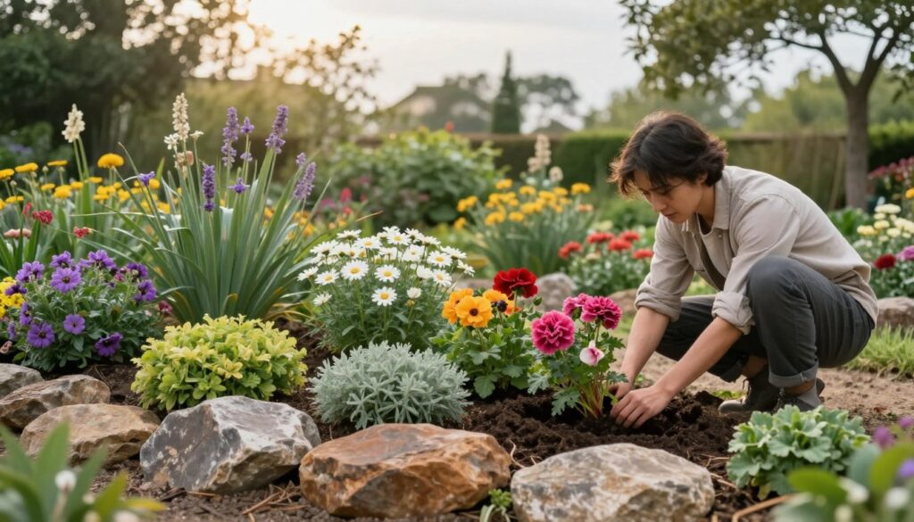 A serene garden scene featuring a beautifully landscaped rock garden with a variety of colorful flowering plants. In the foreground, a gardener in modest casual clothing is carefully planting vibrant perennials amidst a mix of textured rocks. The middle ground showcases a lush arrangement of alpine plants, daisies, and sedums in full bloom, enhancing the vibrant colors of the garden. In the background, soft sunlight filters through a gentle, overcast sky, casting a diffused glow that creates a tranquil atmosphere. The scene is framed with natural greenery, suggesting a seasonal harmony. The focus is on the interaction between the gardener and the plants, conveying a sense of care and nurturing within the peaceful garden setting. A serene garden scene featuring a beautifully landscaped rock garden with a variety of colorful flowering plants. In the foreground, a gardener in modest casual clothing is carefully planting vibrant perennials amidst a mix of textured rocks. The middle ground showcases a lush arrangement of alpine plants, daisies, and sedums in full bloom, enhancing the vibrant colors of the garden. In the background, soft sunlight filters through a gentle, overcast sky, casting a diffused glow that creates a tranquil atmosphere. The scene is framed with natural greenery, suggesting a seasonal harmony. The focus is on the interaction between the gardener and the plants, conveying a sense of care and nurturing within the peaceful garden setting.