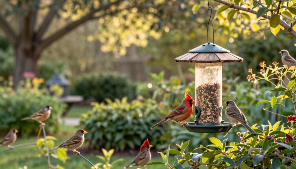 A serene garden scene featuring a bird feeder surrounded by lush greenery, illustrating a safe environment for birds. In the foreground, the bird feeder is filled with seeds, intricately designed with natural materials. Several colorful birds — like cardinals, finches, and sparrows — are perched around it, showcasing their vibrant plumage. The middle ground displays a variety of plants and shrubs, creating natural hiding spots to protect birds from predators. In the background, a soft-focus impression of a gentle tree line, with dappled sunlight filtering through the leaves, enhances the peaceful atmosphere. The scene is bathed in warm, golden light of early morning or late afternoon, casting soft shadows and creating a tranquil ambiance, inviting avian visitors while ensuring their safety. A serene garden scene featuring a bird feeder surrounded by lush greenery, illustrating a safe environment for birds. In the foreground, the bird feeder is filled with seeds, intricately designed with natural materials. Several colorful birds — like cardinals, finches, and sparrows — are perched around it, showcasing their vibrant plumage. The middle ground displays a variety of plants and shrubs, creating natural hiding spots to protect birds from predators. In the background, a soft-focus impression of a gentle tree line, with dappled sunlight filtering through the leaves, enhances the peaceful atmosphere. The scene is bathed in warm, golden light of early morning or late afternoon, casting soft shadows and creating a tranquil ambiance, inviting avian visitors while ensuring their safety.