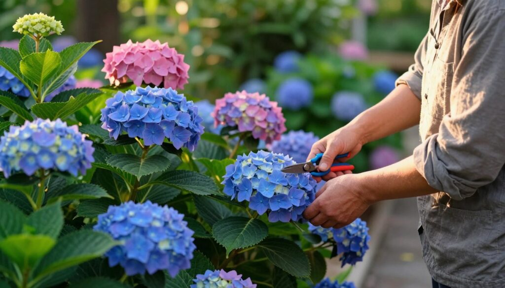 A serene garden scene featuring lush, blooming hydrangeas ready for harvesting. In the foreground, a gardener, dressed in casual, modest clothing, carefully prunes vibrant hydrangea blossoms with pruning shears, focusing on their rich blues and pinks. The middle ground showcases a variety of hydrangeas in full bloom, displaying their colors under gentle sunlight. The background consists of softly blurred greenery, emphasizing the vivid colors of the flowers while providing depth. The lighting is warm and golden, suggesting a late afternoon, creating a tranquil and inviting atmosphere. The overall mood reflects a peaceful day in the garden, highlighting the art of preserving the beauty of hydrangeas for decoration. A serene garden scene featuring lush, blooming hydrangeas ready for harvesting. In the foreground, a gardener, dressed in casual, modest clothing, carefully prunes vibrant hydrangea blossoms with pruning shears, focusing on their rich blues and pinks. The middle ground showcases a variety of hydrangeas in full bloom, displaying their colors under gentle sunlight. The background consists of softly blurred greenery, emphasizing the vivid colors of the flowers while providing depth. The lighting is warm and golden, suggesting a late afternoon, creating a tranquil and inviting atmosphere. The overall mood reflects a peaceful day in the garden, highlighting the art of preserving the beauty of hydrangeas for decoration.