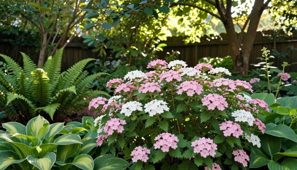 A serene garden scene showcasing a Japanese spiraea, or tawuła japońska, in full bloom. In the foreground, the delicate pink and white flowers of the spiraea are vividly detailed, surrounded by lush green leaves. The middle ground features a variety of complementary plants, such as ferns and hostas, enhancing the harmony of the garden. In the background, soft-focus trees provide a natural canopy, filtering dappled sunlight through their leaves, creating a warm and inviting atmosphere. The lighting is bright but softened, suggesting a pleasant late afternoon. Capture this scene from a slightly elevated angle to allow a clear view of the spiraea's structure and its entire environment, inspiring the viewer to envision the ideal planting location in a home garden.