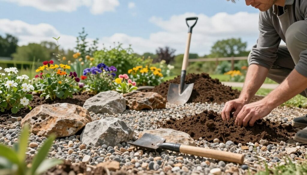 A serene garden scene showcasing the preparation of a rock garden bed, with a focus on natural materials. In the foreground, a gardener in modest casual clothing is carefully arranging gravel and soil, surrounded by various rock types and hand tools for landscaping. The middle ground features an array of colorful flowering plants, partially placed stones, and a shovel leaning against a pile of rich earth. In the background, a lush green landscape under a bright blue sky with soft, wispy clouds creates a calm atmosphere. Soft, diffused sunlight illuminates the scene, enhancing the textures of the rocks and plants. The angle is slightly elevated, providing a comprehensive view of the garden layout. The overall mood is peaceful and focused, reflecting the meticulous nature of garden preparation. A serene garden scene showcasing the preparation of a rock garden bed, with a focus on natural materials. In the foreground, a gardener in modest casual clothing is carefully arranging gravel and soil, surrounded by various rock types and hand tools for landscaping. The middle ground features an array of colorful flowering plants, partially placed stones, and a shovel leaning against a pile of rich earth. In the background, a lush green landscape under a bright blue sky with soft, wispy clouds creates a calm atmosphere. Soft, diffused sunlight illuminates the scene, enhancing the textures of the rocks and plants. The angle is slightly elevated, providing a comprehensive view of the garden layout. The overall mood is peaceful and focused, reflecting the meticulous nature of garden preparation.
