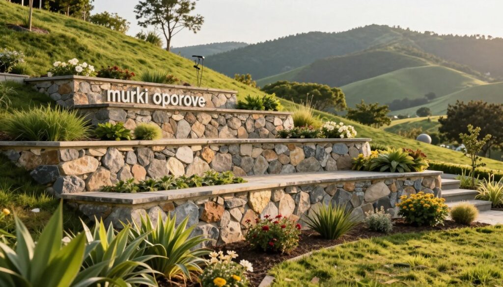 A serene landscape featuring a beautifully designed "murki oporowe" retaining wall, crafted from natural stone, artfully integrated into the hillside. In the foreground, vibrant green plants and flower beds frame the wall, showcasing an aesthetic touch. The middle ground emphasizes a sturdy, layered design of the wall, illustrating stability and strength, while the background reveals a lush, rolling landscape under soft, golden sunlight. The scene should evoke a tranquil and inviting atmosphere, with a wide angle shot capturing the full extent of the landscaping. The light should create gentle shadows, emphasizing the textures of the stone and greenery. No human figures are present, ensuring a focus on the architecture and nature.
