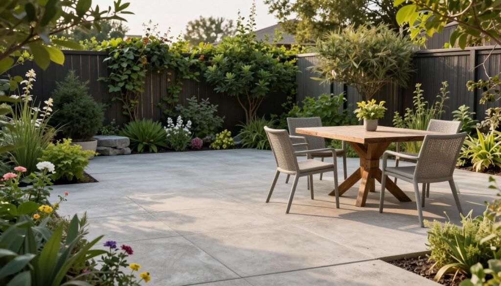 A serene outdoor space featuring a beautifully arranged terrace and patio made of large, textured concrete slabs. In the foreground, showcase various garden furniture, such as elegant chairs and a rustic table, placed on the concrete surface. Surround the patio with lush greenery, including flowering plants and shrubs, creating a vibrant atmosphere. In the middle background, include a fence adorned with climbing vines, adding depth to the scene. Soft, natural lighting enhances the warm tones of the concrete, while a gentle afternoon sun casts subtle shadows, creating a peaceful, inviting ambiance. Capture the scene from a slightly elevated angle to emphasize the layout and harmony of the patio area. The overall mood should convey relaxation and the practicality of using concrete slabs in garden design. A serene outdoor space featuring a beautifully arranged terrace and patio made of large, textured concrete slabs. In the foreground, showcase various garden furniture, such as elegant chairs and a rustic table, placed on the concrete surface. Surround the patio with lush greenery, including flowering plants and shrubs, creating a vibrant atmosphere. In the middle background, include a fence adorned with climbing vines, adding depth to the scene. Soft, natural lighting enhances the warm tones of the concrete, while a gentle afternoon sun casts subtle shadows, creating a peaceful, inviting ambiance. Capture the scene from a slightly elevated angle to emphasize the layout and harmony of the patio area. The overall mood should convey relaxation and the practicality of using concrete slabs in garden design.