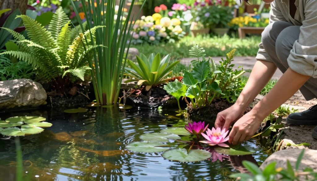 A serene scene of a small garden pond, featuring a variety of aquatic plants being carefully planted around the edges. In the foreground, a person in modest casual clothing kneels beside the pond, gently placing colorful water lilies into the clear, shimmering water. The middle ground showcases lush green foliage, including ferns and reeds, complementing the pond. In the background, a soft-focus view of blooming flowers and gentle ripples creates a tranquil atmosphere. The sunlight filters through the trees, casting dappled light on the water’s surface, highlighting the rich textures of the plants. The overall mood is peaceful and nurturing, evoking a sense of harmony in nature. A serene scene of a small garden pond, featuring a variety of aquatic plants being carefully planted around the edges. In the foreground, a person in modest casual clothing kneels beside the pond, gently placing colorful water lilies into the clear, shimmering water. The middle ground showcases lush green foliage, including ferns and reeds, complementing the pond. In the background, a soft-focus view of blooming flowers and gentle ripples creates a tranquil atmosphere. The sunlight filters through the trees, casting dappled light on the water’s surface, highlighting the rich textures of the plants. The overall mood is peaceful and nurturing, evoking a sense of harmony in nature.