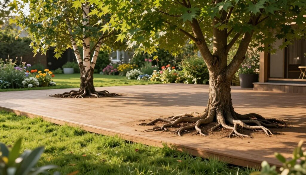 A serene, well-maintained terrace with natural wooden flooring, showcasing visible tree roots emerging from the soil, demonstrating the impact of nearby trees on the structure. In the foreground, lush green grass surrounds the roots, emphasizing their connection to the earth. The middle ground features a few carefully selected trees that provide shade, such as birch and maple, each exhibiting dense foliage. The background reveals a soft-focus garden with flowers in bloom, adding color without diverting attention from the terrace. The lighting is warm and golden, reminiscent of late afternoon sun, casting gentle shadows. The image captures a peaceful atmosphere, inviting readers to consider the balance between beauty and structural safety. A serene, well-maintained terrace with natural wooden flooring, showcasing visible tree roots emerging from the soil, demonstrating the impact of nearby trees on the structure. In the foreground, lush green grass surrounds the roots, emphasizing their connection to the earth. The middle ground features a few carefully selected trees that provide shade, such as birch and maple, each exhibiting dense foliage. The background reveals a soft-focus garden with flowers in bloom, adding color without diverting attention from the terrace. The lighting is warm and golden, reminiscent of late afternoon sun, casting gentle shadows. The image captures a peaceful atmosphere, inviting readers to consider the balance between beauty and structural safety.