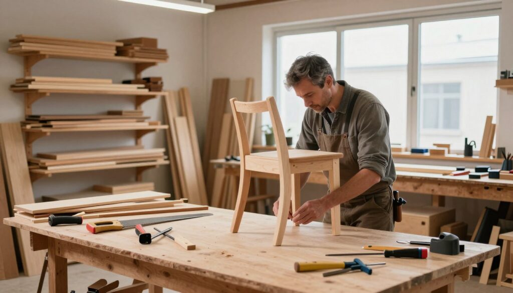 A skilled carpenter working on a woodworking project in a bright, well-lit workshop. The foreground features the carpenter, a middle-aged man dressed in modest casual clothing, focused intently on assembling a wooden chair, surrounded by various tools like saws, chisels, and clamps. In the middle ground, shelves filled with neatly organized wooden planks and completed projects create a sense of progression in skill. The background showcases large windows allowing natural light to flood the space, enhancing a warm, inviting atmosphere. The scene implies a journey from simple beginnings to more complex tasks, reflecting the learning process in carpentry. The angle captures the workspace from a slightly elevated perspective, emphasizing depth and detail.