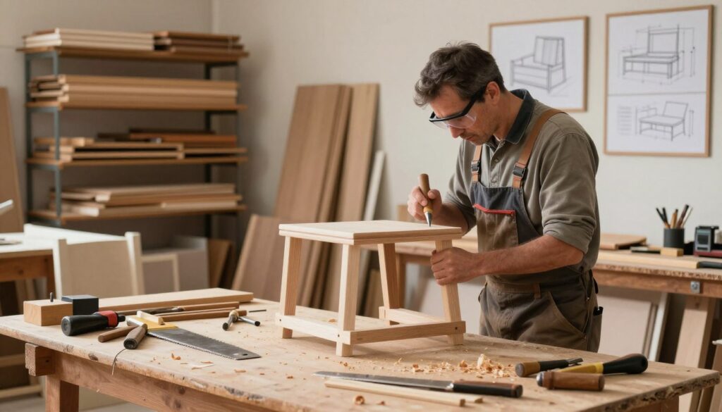 A skilled furniture carpenter working in a well-lit workshop, surrounded by wooden furniture pieces in various stages of creation. The carpenter, a middle-aged man in modest, professional attire with safety goggles, is carefully shaping a wooden chair with traditional hand tools. In the foreground, a detailed workbench cluttered with saws, chisels, and wood shavings emphasizes the craftsmanship involved. In the middle ground, partially assembled furniture pieces and shelves stacked with planks showcase a range of designs, while the background reveals framed sketches of furniture plans hanging on the walls. Soft, warm lighting floods the space, creating an inviting and industrious atmosphere. The image captures the essence of furniture carpentry, highlighting the focus and precision required in this specialization.