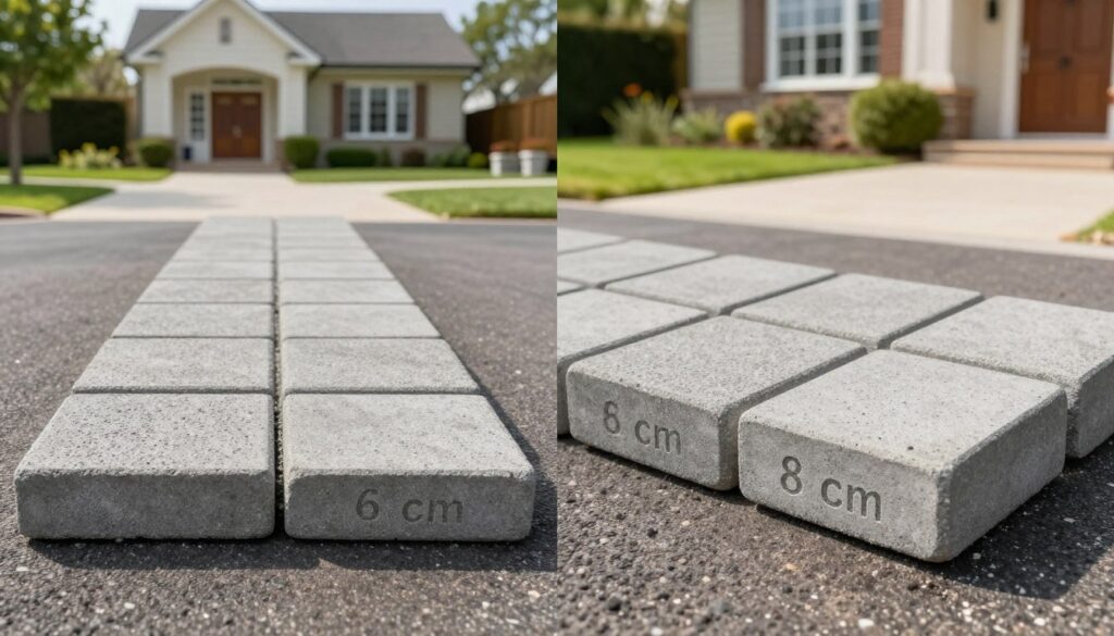 A split-screen visual comparing 6 cm and 8 cm concrete paving stones, positioned on a well-maintained residential driveway. On the left side, showcase the 6 cm stones with a close-up view, highlighting their textured surface and uniform alignment. On the right side, feature the 8 cm stones in a similar arrangement, emphasizing their thicker profile and durability. The background should display a charming house and a lush garden, capturing a sunny, inviting atmosphere. Use soft, natural lighting to enhance the colors and textures of the paving stones, achieving a serene and professional mood. The overall composition should be balanced and visually engaging, with no text or distractions, making it ideal for an informative article. A split-screen visual comparing 6 cm and 8 cm concrete paving stones, positioned on a well-maintained residential driveway. On the left side, showcase the 6 cm stones with a close-up view, highlighting their textured surface and uniform alignment. On the right side, feature the 8 cm stones in a similar arrangement, emphasizing their thicker profile and durability. The background should display a charming house and a lush garden, capturing a sunny, inviting atmosphere. Use soft, natural lighting to enhance the colors and textures of the paving stones, achieving a serene and professional mood. The overall composition should be balanced and visually engaging, with no text or distractions, making it ideal for an informative article.