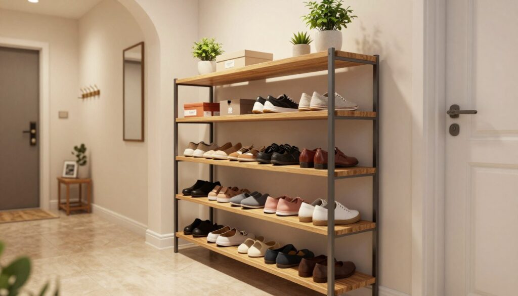 A stylish, modern shoe shelf designed to maximize space in a small hallway. The shelf features multiple tiers with a sleek wood and metal design, showcasing neatly arranged shoes in various styles and colors. In the foreground, the shelves are detailed with elements like small decorative plants and a few stylish shoe boxes for organization. In the middle ground, a well-lit hallway with soft, ambient lighting reveals the shoe shelf mounted against a light-colored wall. The background includes a cozy, inviting entryway with a coat rack and a small mirror, enhancing the homely atmosphere. The scene is warm and welcoming, with a clean, minimalist aesthetic. A stylish, modern shoe shelf designed to maximize space in a small hallway. The shelf features multiple tiers with a sleek wood and metal design, showcasing neatly arranged shoes in various styles and colors. In the foreground, the shelves are detailed with elements like small decorative plants and a few stylish shoe boxes for organization. In the middle ground, a well-lit hallway with soft, ambient lighting reveals the shoe shelf mounted against a light-colored wall. The background includes a cozy, inviting entryway with a coat rack and a small mirror, enhancing the homely atmosphere. The scene is warm and welcoming, with a clean, minimalist aesthetic.