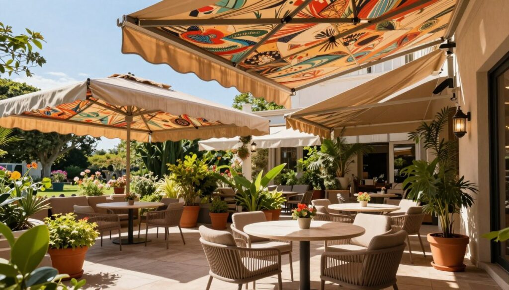 A sunlit terrace featuring elegant, retractable awnings (markizy), casting cool shadows over a chic outdoor seating area. In the foreground, a stylish table set with comfortable, modern chairs and vibrant potted plants, creating an inviting atmosphere for relaxation. The middle layer showcases the colorful markizy in an open position, displaying rich fabric patterns that provide shade while allowing glimpses of sunlight to filter through. The background depicts a picturesque garden with blooming flowers and trees, under a clear blue sky. Soft, warm lighting enhances the serene ambiance, with a slight breeze suggested by the gentle movement of the awnings. The overall mood is peaceful and inviting, perfect for enjoying a sunny day outdoors. A sunlit terrace featuring elegant, retractable awnings (markizy), casting cool shadows over a chic outdoor seating area. In the foreground, a stylish table set with comfortable, modern chairs and vibrant potted plants, creating an inviting atmosphere for relaxation. The middle layer showcases the colorful markizy in an open position, displaying rich fabric patterns that provide shade while allowing glimpses of sunlight to filter through. The background depicts a picturesque garden with blooming flowers and trees, under a clear blue sky. Soft, warm lighting enhances the serene ambiance, with a slight breeze suggested by the gentle movement of the awnings. The overall mood is peaceful and inviting, perfect for enjoying a sunny day outdoors.