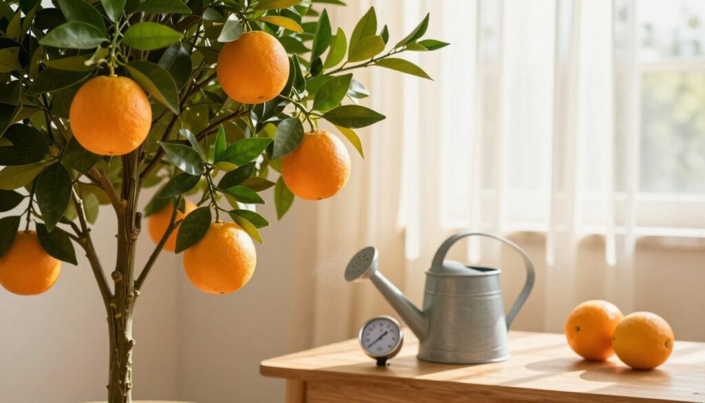 A sunny indoor scene showcasing a vibrant orange tree in a cozy home environment. In the foreground, focus on lush green leaves and ripe oranges hanging from the branches, emphasizing the texture and details of the foliage. The middle view features a watering can and a humidity gauge on a wooden table, highlighting the importance of air moisture for the tree's growth. In the background, soft sunlight filters through sheer curtains, casting a warm glow and creating a serene atmosphere reminiscent of a warm climate zone. The overall mood should evoke tranquility and a sense of nurturing care for the orange tree, symbolizing a thriving indoor garden. The composition should be balanced, and the lighting should convey a bright, inviting ambiance.