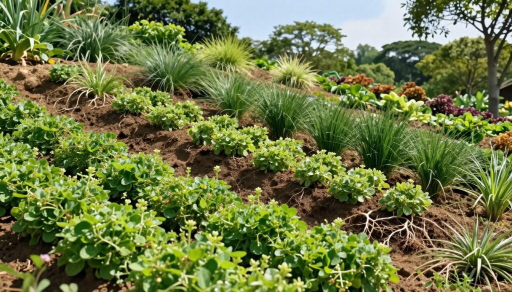 A vibrant garden scene focusing on a hillside, showcasing various plants that stabilize soil, such as ground cover species and deep-rooted grasses. In the foreground, illustrate lush green, textured foliage with small flowers peeking through, creating a sense of abundant life. The middle section should display a gently sloping bank with well-arranged plants that highlight their role in preventing erosion, with roots visibly anchoring the soil. In the background, include a soft-focus view of distant trees under bright blue skies, casting dappled sunlight on the hillside. The overall mood should be serene and inviting, suggesting a stable and aesthetic landscape that requires minimal upkeep. Compose the scene in a slightly elevated angle, emphasizing the slope and variety of plants.