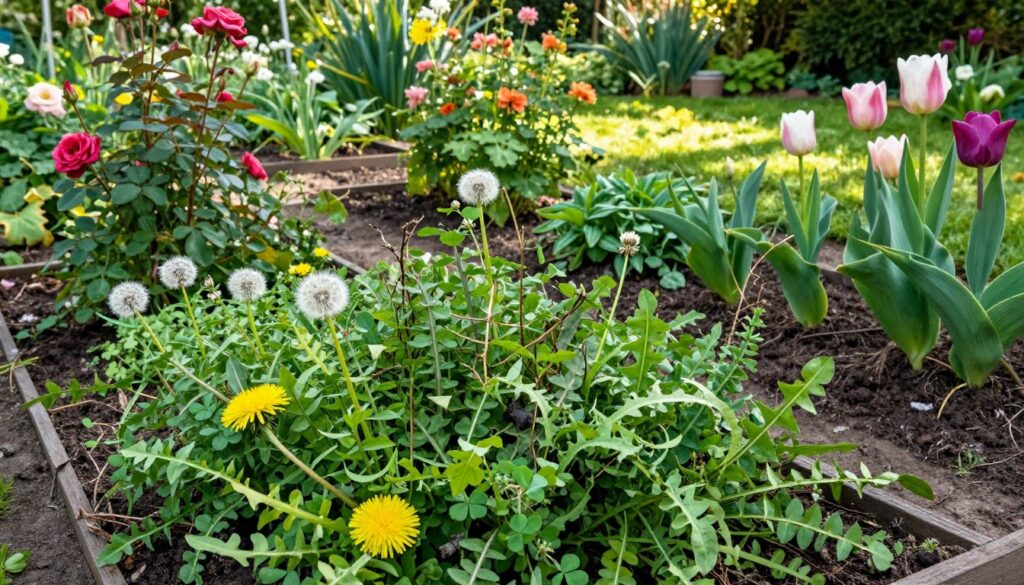 A vibrant garden scene illustrating lush flower beds intermingled with invasive weeds, depicting the struggle between cultivated plants and persistent weeds. In the foreground, a close-up of resilient, green weeds such as dandelions and clover intertwining with delicate flowers like roses and tulips, showcasing their harmful competition. In the middle ground, well-maintained garden beds with rich soil and diversified plants, emphasizing the challenge of weed encroachment. The background features a picturesque garden landscape under soft, natural sunlight, casting gentle shadows that enhance the textures of plants. The atmosphere conveys a sense of battle and resilience in gardening, highlighting the need for effective weed management. Use realistic details and ensure a natural look with vibrant colors to capture the essence of this struggle. A vibrant garden scene illustrating lush flower beds intermingled with invasive weeds, depicting the struggle between cultivated plants and persistent weeds. In the foreground, a close-up of resilient, green weeds such as dandelions and clover intertwining with delicate flowers like roses and tulips, showcasing their harmful competition. In the middle ground, well-maintained garden beds with rich soil and diversified plants, emphasizing the challenge of weed encroachment. The background features a picturesque garden landscape under soft, natural sunlight, casting gentle shadows that enhance the textures of plants. The atmosphere conveys a sense of battle and resilience in gardening, highlighting the need for effective weed management. Use realistic details and ensure a natural look with vibrant colors to capture the essence of this struggle.
