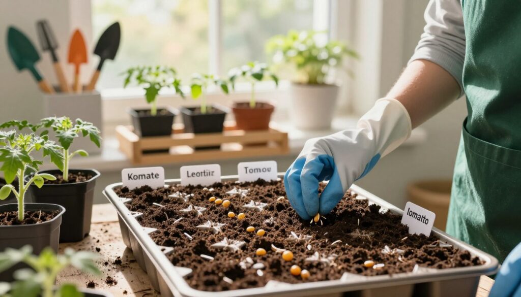 A vibrant indoor gardening scene showcasing the process of sowing tomato seeds. In the foreground, a gardener, dressed in a modest green apron and gloves, is gently pressing seeds into moist soil filled with seed trays. The middle layer features close-up details of different types of tomato seeds, showcasing their shapes and sizes, alongside small labels indicating variety names. In the background, a bright window lets in warm sunlight, illuminating the setup, with healthy seedlings in pots and a small shelf adorned with gardening tools. The atmosphere is bright and nurturing, conveying the excitement of planting. Use natural lighting to enhance the colors and depth of field for a soft-focus background.
