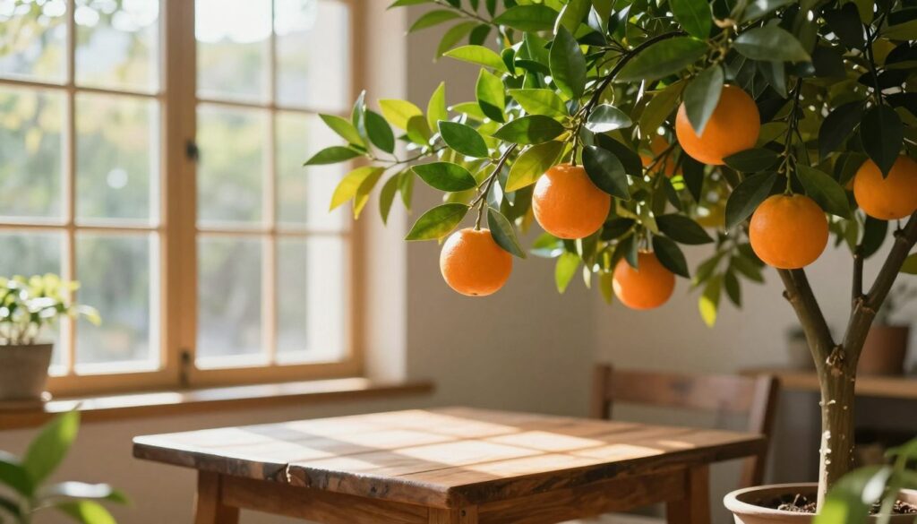 A vibrant indoor scene showcasing an orange tree in a sunlit space. In the foreground, the lush orange tree is adorned with glossy green leaves and ripe, orange fruits hanging from its branches. The middle ground features a rustic wooden table on which the pot sits, with the sunlight casting gentle shadows on the surface. In the background, large windows invite warm sunlight, enhancing the tranquil ambiance. Soft, natural light filters through the leaves, creating a serene mood. The angle captures both the tree's details and the bright atmosphere, emphasizing the importance of light for its growth and flowering. The setting should evoke a sense of optimism and growth, ideal for nurturing a home garden.