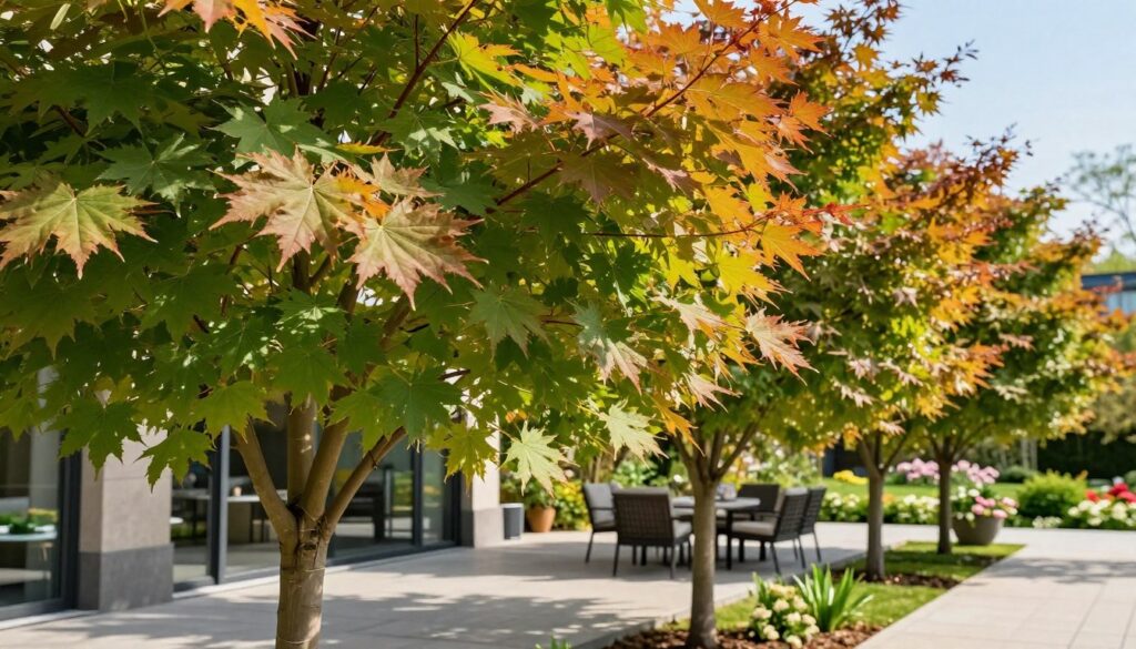 A vibrant scene showcasing a row of stunning palmate maple trees (klony palmowe) positioned near a modern terrace. In the foreground, the rich green and amber leaves of the trees fan out, creating a lush, colorful canopy that filters soft sunlight. The middle ground features the terrace with contemporary furniture, inviting relaxation and leisure. The background boasts a tranquil garden setting, accentuated by blossoming flowers and a clear blue sky. The overall atmosphere is warm and inviting, evoking a sense of tranquility and natural beauty from spring through autumn. The image should be bright and well-lit, capturing the interplay of shadows and light on the terrace, with a focus on depth and perspective that draws the viewer's eye into the scene. A vibrant scene showcasing a row of stunning palmate maple trees (klony palmowe) positioned near a modern terrace. In the foreground, the rich green and amber leaves of the trees fan out, creating a lush, colorful canopy that filters soft sunlight. The middle ground features the terrace with contemporary furniture, inviting relaxation and leisure. The background boasts a tranquil garden setting, accentuated by blossoming flowers and a clear blue sky. The overall atmosphere is warm and inviting, evoking a sense of tranquility and natural beauty from spring through autumn. The image should be bright and well-lit, capturing the interplay of shadows and light on the terrace, with a focus on depth and perspective that draws the viewer's eye into the scene.