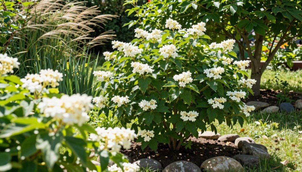 A vibrant scene showcasing "kalina koralowa" (Viburnum opulus) flourishing in a sunny garden setting. In the foreground, lush green leaves glisten under bright sunlight, with clusters of delicate white flowers creating a striking contrast. The middle ground features a healthy bush of viburnum thriving in a half-shaded area, surrounded by neatly arranged stones that help retain moisture. In the background, a gentle breeze sways surrounding plants, while leafy trees provide essential wind protection. The lighting is warm and inviting, casting soft shadows for depth, with a focus on the details of the plant's growth. The atmosphere is serene and vibrant, reflecting ideal growth conditions for this beautiful shrub.