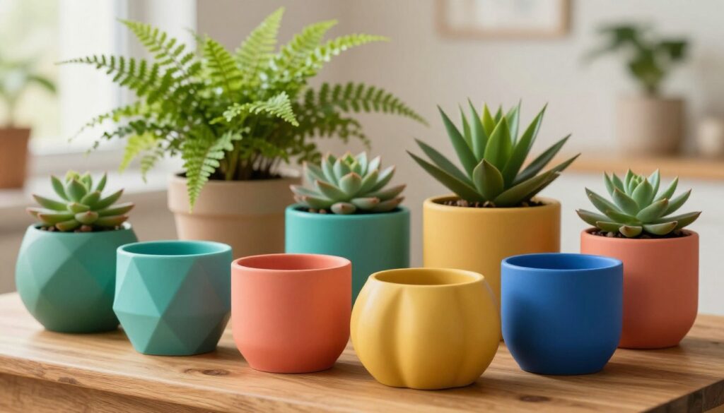 A vibrant selection of colorful plant pots arranged aesthetically on a wooden table. In the foreground, showcase a variety of planters in unique shapes—such as geometric, rounded, and abstract forms—highlighting a vivid palette of colors, including teal, coral, mustard yellow, and deep blue. In the middle ground, place lush indoor plants like ferns and succulents emerging from these pots, emphasizing their healthy greenery. The background should be softly blurred with a warm, natural light filtering through a window, creating a cozy atmosphere. Use a shallow depth of field to draw attention to the details of the pots and the vibrant colors, conveying a trendy home decor vibe that enhances the beauty of indoor gardening.