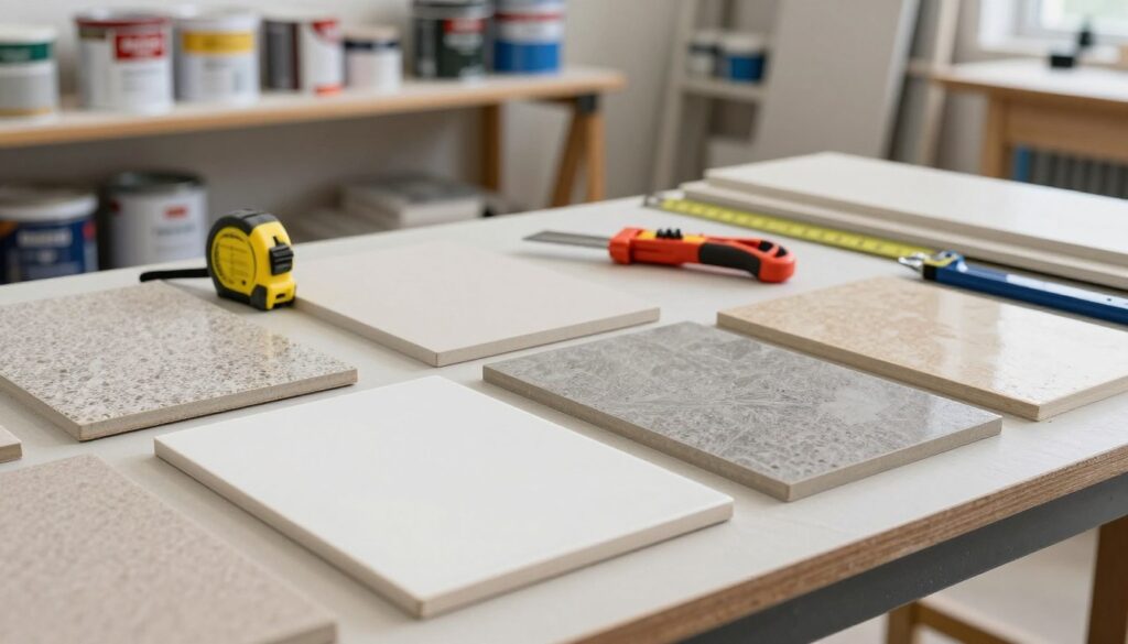 A visually informative composition showcasing various types of ceiling tiles (płyty) arranged on a workbench in a well-lit workshop. In the foreground, a detailed view of several ceiling tiles in different textures and colors, with a focus on a glossy white tile. The middle ground includes an array of tools like a measuring tape, utility knife, and T-square, emphasizing their importance for installation. The background features shelves stocked with additional ceiling materials and paint cans, creating a sense of abundance. The lighting is bright and neutral, reminiscent of a professional workspace, enhancing clarity and focus on the materials. The atmosphere is practical and industrious, conveying a sense of preparation and efficiency for the task at hand.