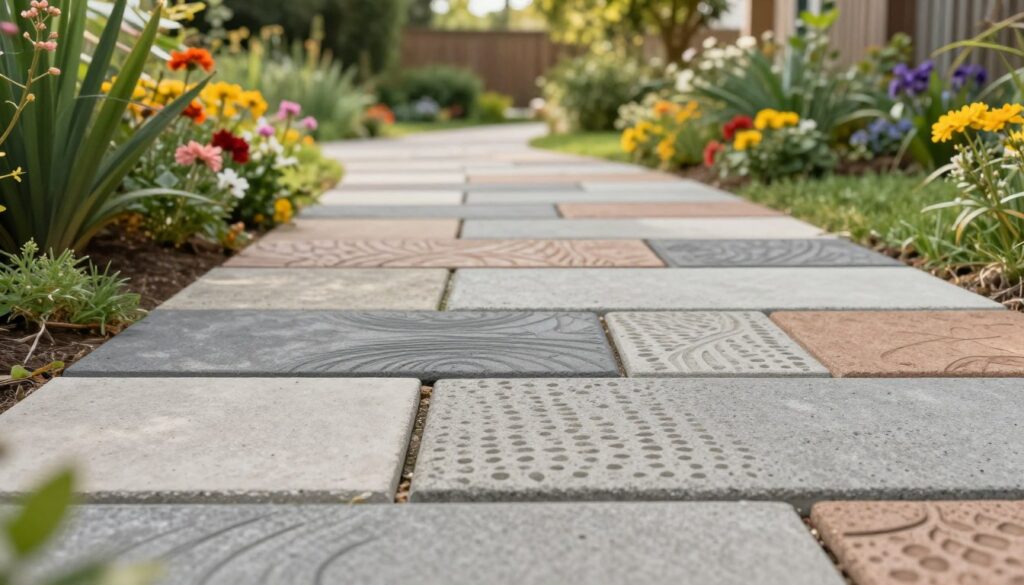 A well-designed pathway made from durable concrete slabs, showcasing a variety of textured patterns and colors that blend harmoniously with a lush garden setting. In the foreground, focus on several slabs with a non-slip surface, demonstrating their practicality and aesthetic appeal. The middle ground features an inviting walkway lined with vibrant flowers and green foliage, capturing a serene, natural atmosphere. The background showcases a soft-focus garden scene under warm, natural lighting, enhancing the inviting feel. The angle should be slightly elevated, providing a comprehensive view of the pathway and highlighting the stylish arrangement of the concrete slabs. Aim for a bright, cheerful mood to inspire readers looking to enhance their outdoor spaces with beautiful, stable paving options. A well-designed pathway made from durable concrete slabs, showcasing a variety of textured patterns and colors that blend harmoniously with a lush garden setting. In the foreground, focus on several slabs with a non-slip surface, demonstrating their practicality and aesthetic appeal. The middle ground features an inviting walkway lined with vibrant flowers and green foliage, capturing a serene, natural atmosphere. The background showcases a soft-focus garden scene under warm, natural lighting, enhancing the inviting feel. The angle should be slightly elevated, providing a comprehensive view of the pathway and highlighting the stylish arrangement of the concrete slabs. Aim for a bright, cheerful mood to inspire readers looking to enhance their outdoor spaces with beautiful, stable paving options.