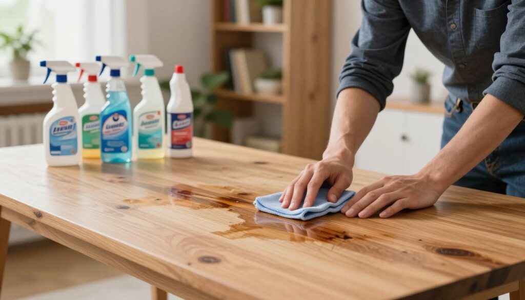 A well-lit workspace featuring a wooden table with visible water marks and heat stains, representing the aftereffects of moisture damage. In the foreground, a professional-looking person wearing smart casual attire is carefully applying a commercial furniture restoration product to the surface with a soft cloth, demonstrating the process of addressing tough stains. The middle ground includes bottles of various cleaning solutions, some with labels indicating they are for professional use, arranged neatly beside the table. The background showcases a cozy, softly lit room with bookshelves and plants, creating a warm, inviting atmosphere. The overall mood is focused and professional, emphasizing the seriousness of addressing difficult furniture repairs while protecting the underlying surfaces. A well-lit workspace featuring a wooden table with visible water marks and heat stains, representing the aftereffects of moisture damage. In the foreground, a professional-looking person wearing smart casual attire is carefully applying a commercial furniture restoration product to the surface with a soft cloth, demonstrating the process of addressing tough stains. The middle ground includes bottles of various cleaning solutions, some with labels indicating they are for professional use, arranged neatly beside the table. The background showcases a cozy, softly lit room with bookshelves and plants, creating a warm, inviting atmosphere. The overall mood is focused and professional, emphasizing the seriousness of addressing difficult furniture repairs while protecting the underlying surfaces.