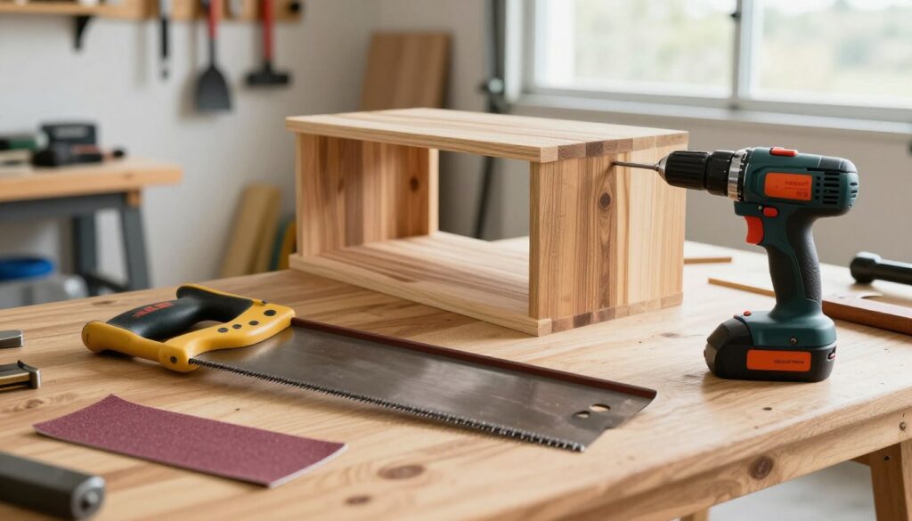 A well-organized workspace featuring essential tools for DIY projects. In the foreground, a handsaw, an electric drill, and sandpaper are arranged neatly on a wooden workbench. The middle ground includes a partially assembled shoe shelf, with wooden planks showing different textures. In the background, a bright and airy garage setting with tools neatly hung on the wall and natural light streaming in through a window creates an inviting atmosphere. The image should have a warm, inviting tone, capturing the essence of home improvement with a focus on the tools in action. Capture the scene from a slightly elevated angle to emphasize the workspace while maintaining an overall sharp focus on the tools. A well-organized workspace featuring essential tools for DIY projects. In the foreground, a handsaw, an electric drill, and sandpaper are arranged neatly on a wooden workbench. The middle ground includes a partially assembled shoe shelf, with wooden planks showing different textures. In the background, a bright and airy garage setting with tools neatly hung on the wall and natural light streaming in through a window creates an inviting atmosphere. The image should have a warm, inviting tone, capturing the essence of home improvement with a focus on the tools in action. Capture the scene from a slightly elevated angle to emphasize the workspace while maintaining an overall sharp focus on the tools.