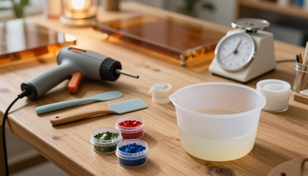 A well-organized workspace featuring various materials and tools for working with epoxy resin. In the foreground, display a smooth, clear resin mixture in a mixing cup, alongside colorful pigments and glitters in small containers. The middle ground should include essential tools like a heat gun, a silicone spatula, and measuring scales neatly arranged on a wooden table. In the background, soft ambient lighting casts a warm glow, highlighting a partially finished epoxy table with a glossy surface. The atmosphere should convey a sense of creativity and craftsmanship, suitable for an artisan workshop. Use a shallow depth of field to focus on the materials while slightly blurring the background elements. A well-organized workspace featuring various materials and tools for working with epoxy resin. In the foreground, display a smooth, clear resin mixture in a mixing cup, alongside colorful pigments and glitters in small containers. The middle ground should include essential tools like a heat gun, a silicone spatula, and measuring scales neatly arranged on a wooden table. In the background, soft ambient lighting casts a warm glow, highlighting a partially finished epoxy table with a glossy surface. The atmosphere should convey a sense of creativity and craftsmanship, suitable for an artisan workshop. Use a shallow depth of field to focus on the materials while slightly blurring the background elements.