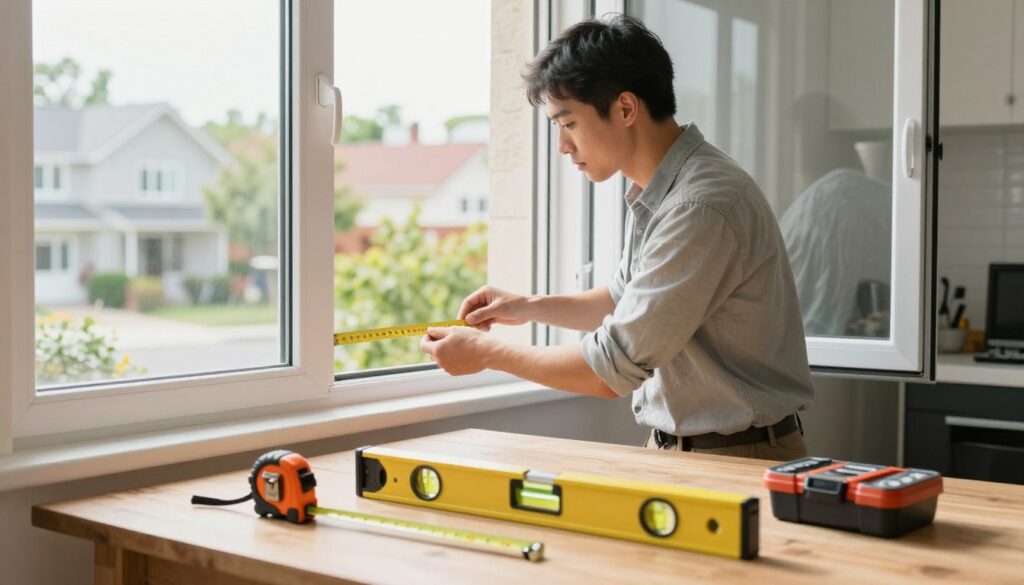 A well-organized workspace for preparing to install a window air vent, featuring an open window with clear daylight streaming in. In the foreground, a measuring tape, a level, and a small toolkit are neatly arranged on a wooden table, signifying the tools needed for the installation. In the middle ground, a professional wearing a modest casual shirt is carefully measuring the window dimensions, focused on ensuring accuracy. Behind them, outside the window, a bright and inviting neighborhood is visible, adding a touch of freshness to the scene. Soft, natural lighting enhances the atmosphere, creating a sense of readiness and professionalism, while maintaining a tidy environment that reflects careful preparation. The angle captures both the tools and the action in a cohesive composition.