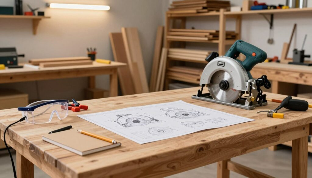 A well-planned woodworking table setup intended for a circular saw, beautifully organized for safety and precision. The foreground features a sturdy wooden workbench with tools like a circular saw, clamps, and safety goggles arranged neatly. In the middle, display detailed sketches and measurements laid out, illustrating the planning phase of the table's construction, with a pencil and notepad beside them. In the background, a bright and well-lit workshop with shelves filled with neatly arranged wood pieces and various tools, enhancing the functional atmosphere. The lighting is warm and inviting, emanating from overhead lights, casting soft shadows to create depth. The mood is focused and productive, inspiring creativity and careful craftsmanship. A well-planned woodworking table setup intended for a circular saw, beautifully organized for safety and precision. The foreground features a sturdy wooden workbench with tools like a circular saw, clamps, and safety goggles arranged neatly. In the middle, display detailed sketches and measurements laid out, illustrating the planning phase of the table's construction, with a pencil and notepad beside them. In the background, a bright and well-lit workshop with shelves filled with neatly arranged wood pieces and various tools, enhancing the functional atmosphere. The lighting is warm and inviting, emanating from overhead lights, casting soft shadows to create depth. The mood is focused and productive, inspiring creativity and careful craftsmanship.