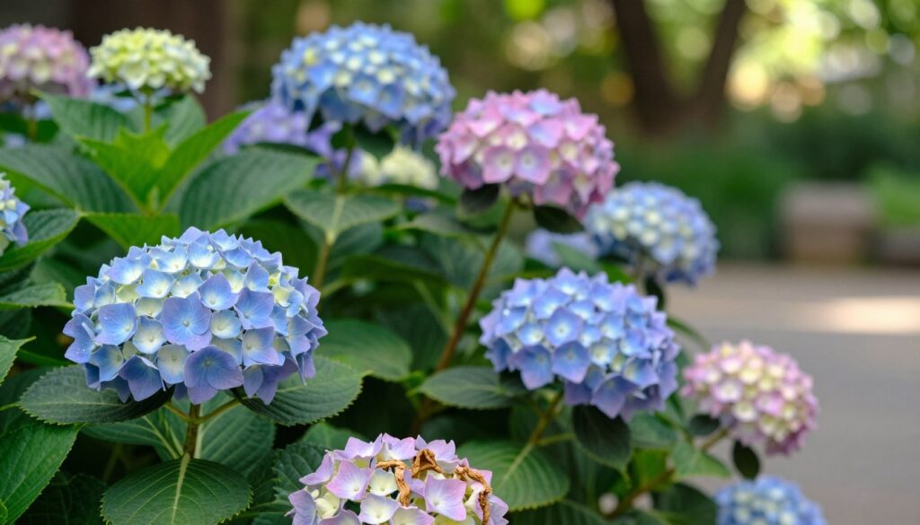In a lush garden setting, showcase a close-up view of vibrant hydrangeas, specifically the 'Annabelle' variety, in full bloom. The flowers are large, spherical clusters in soft shades of blue, pink, and white, with delicate petals glistening under gentle sunlight. In the foreground, emphasize a few wilted blooms, illustrating the drying process, while the middle ground features robust green foliage adding contrast. The background should be softly blurred, capturing a serene garden ambiance with hints of sunlight filtering through leaves, creating a warm, inviting atmosphere. Use natural lighting to enhance the colors and textures, with a focus on capturing the intricate details of the petals and leaves, all framed by a slightly tilted angle to add depth and dimension. In a lush garden setting, showcase a close-up view of vibrant hydrangeas, specifically the 'Annabelle' variety, in full bloom. The flowers are large, spherical clusters in soft shades of blue, pink, and white, with delicate petals glistening under gentle sunlight. In the foreground, emphasize a few wilted blooms, illustrating the drying process, while the middle ground features robust green foliage adding contrast. The background should be softly blurred, capturing a serene garden ambiance with hints of sunlight filtering through leaves, creating a warm, inviting atmosphere. Use natural lighting to enhance the colors and textures, with a focus on capturing the intricate details of the petals and leaves, all framed by a slightly tilted angle to add depth and dimension.