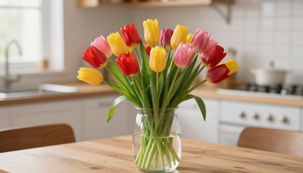 A beautiful arrangement of vibrant tulips in a clear glass vase, positioned on a wooden table. The foreground showcases the tulips in full bloom, featuring a mix of colors like red, yellow, and pink, with green leaves gently surrounding the flowers. The middle layer captures a soft focus on the vase, enhancing the clearness of the glass that reflects light. In the background, a softly blurred kitchen setting can be seen, with warm, natural lighting coming from a nearby window, creating a cozy atmosphere. The overall mood is fresh and inviting, emphasizing the importance of daily care in maintaining the flowers’ vitality. A beautiful arrangement of vibrant tulips in a clear glass vase, positioned on a wooden table. The foreground showcases the tulips in full bloom, featuring a mix of colors like red, yellow, and pink, with green leaves gently surrounding the flowers. The middle layer captures a soft focus on the vase, enhancing the clearness of the glass that reflects light. In the background, a softly blurred kitchen setting can be seen, with warm, natural lighting coming from a nearby window, creating a cozy atmosphere. The overall mood is fresh and inviting, emphasizing the importance of daily care in maintaining the flowers’ vitality.