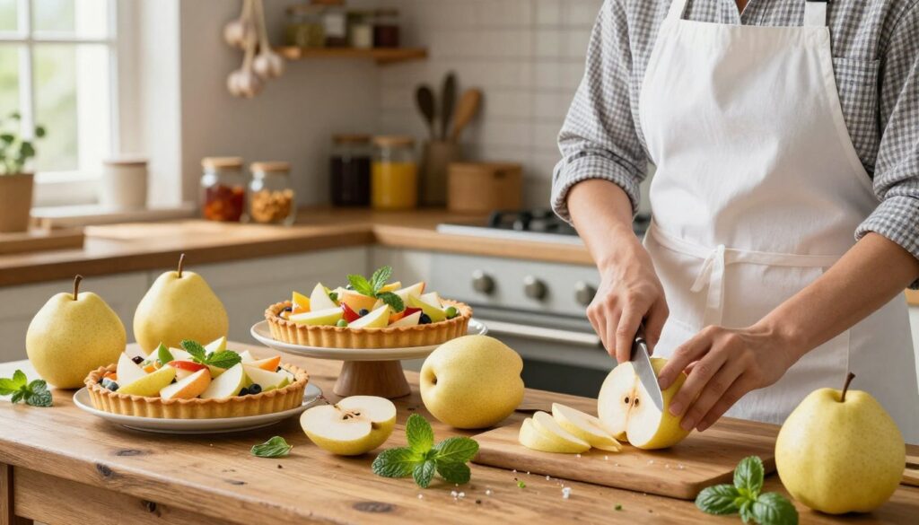 A beautifully arranged culinary scene featuring an array of fresh, pear-like fruits such as Asian pears and quince, showcased on a rustic wooden kitchen table. In the foreground, a skilled home cook, wearing a crisp white apron and a casual checkered shirt, is slicing a ripe quince with a sharp knife, surrounded by vibrant fresh herbs like mint and basil. The middle layer portrays two beautifully presented dishes inspired by these fruits: a colorful salad with slices of pear-like fruits and a delightful homemade tart. Soft, natural lighting filters in from a nearby window, creating a warm and inviting atmosphere. The background features a cozy kitchen with shelves filled with spices, jars of preserves, and hanging garlic, enhancing the culinary theme. The overall mood is warm, inviting, and inspiring, encouraging culinary exploration. A beautifully arranged culinary scene featuring an array of fresh, pear-like fruits such as Asian pears and quince, showcased on a rustic wooden kitchen table. In the foreground, a skilled home cook, wearing a crisp white apron and a casual checkered shirt, is slicing a ripe quince with a sharp knife, surrounded by vibrant fresh herbs like mint and basil. The middle layer portrays two beautifully presented dishes inspired by these fruits: a colorful salad with slices of pear-like fruits and a delightful homemade tart. Soft, natural lighting filters in from a nearby window, creating a warm and inviting atmosphere. The background features a cozy kitchen with shelves filled with spices, jars of preserves, and hanging garlic, enhancing the culinary theme. The overall mood is warm, inviting, and inspiring, encouraging culinary exploration.