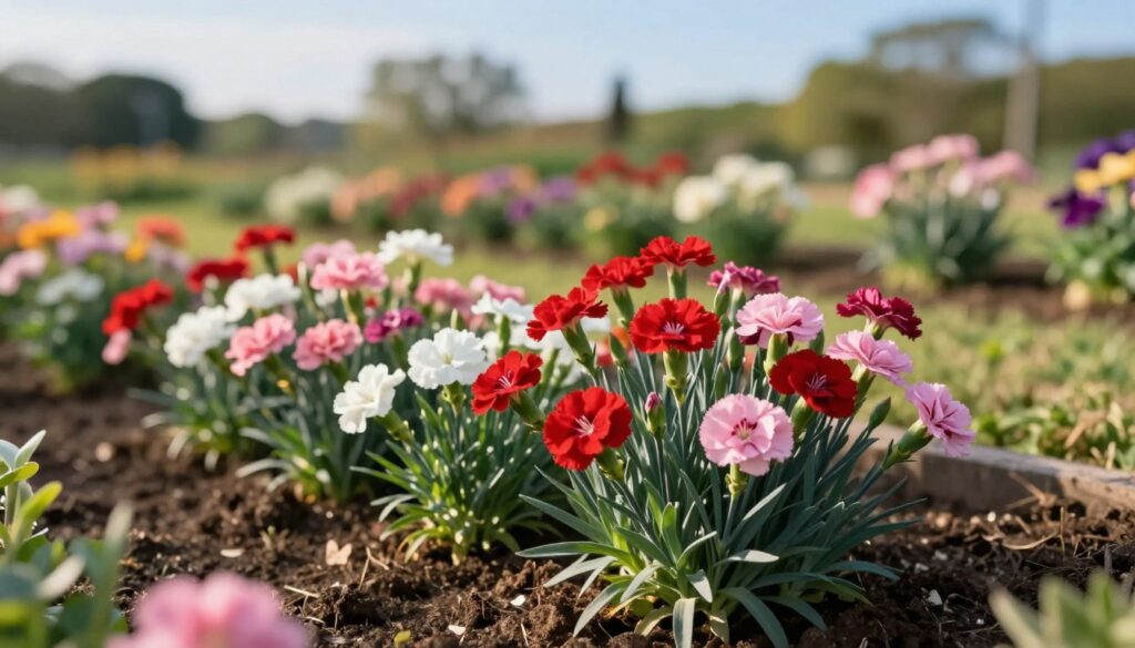 A beautifully arranged garden bed featuring garden carnations (Dianthus caryophyllus) in full bloom, showcasing their vibrant colors—rich reds, soft pinks, and pure whites. In the foreground, focus on the lush, green foliage surrounding the flowers, highlighting the healthy soil mixture enriched with organic compost. The middle ground reveals a gently sloping landscape, ideally set for these perennial plants, with a variety of other companion flowers partially visible. In the background, soft, out-of-focus trees and a clear blue sky create a serene atmosphere. The lighting is warm and inviting, suggesting a pleasant afternoon sun casting gentle shadows. Use a shallow depth of field to emphasize the details of the carnations, creating a soft bokeh effect that enhances the dreamy garden setting.