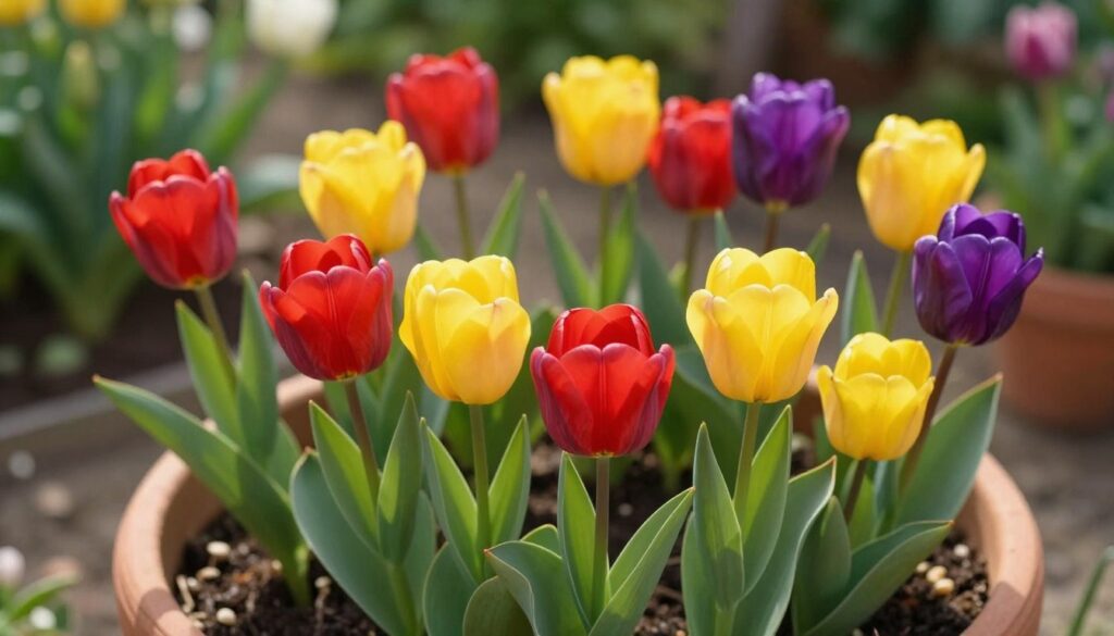 A beautifully arranged pot of vibrant tulips in an assortment of colors, showcasing rich reds, bright yellows, and deep purples. The foreground features the tulips, their petals slightly open, basking in warm sunlight. The pot is a textured terracotta, adding an earthy contrast. In the middle, a slight blur of soil and pebbles can be seen, indicating a recent planting. The background features a softly blurred garden scene with green foliage, suggesting the essence of spring. Gentle, diffused natural light filters through, creating a warm, inviting atmosphere. The composition captures a serene moment of gardening, evoking a sense of growth and renewal. The angle is slightly overhead to reveal both the flowers and the planter details. A beautifully arranged pot of vibrant tulips in an assortment of colors, showcasing rich reds, bright yellows, and deep purples. The foreground features the tulips, their petals slightly open, basking in warm sunlight. The pot is a textured terracotta, adding an earthy contrast. In the middle, a slight blur of soil and pebbles can be seen, indicating a recent planting. The background features a softly blurred garden scene with green foliage, suggesting the essence of spring. Gentle, diffused natural light filters through, creating a warm, inviting atmosphere. The composition captures a serene moment of gardening, evoking a sense of growth and renewal. The angle is slightly overhead to reveal both the flowers and the planter details.