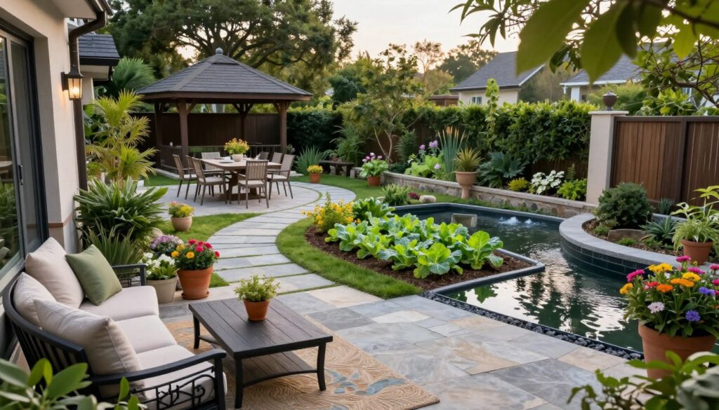 A beautifully designed garden layout showcasing functional zones surrounding a modern home. In the foreground, a cozy seating area with elegant outdoor furniture and soft cushions invites relaxation, adorned with potted plants and colorful flowers. The middle ground features a winding path made of natural stones, leading to distinct areas for dining and gardening. A small vegetable patch with vibrant greens connects to a tranquil water feature that reflects the sky. In the background, tall trees provide shade, and a charming gazebo peeks through the foliage, enhancing the inviting atmosphere. Soft, natural lighting illuminates the scene, creating a warm and peaceful mood, captured with a wide-angle lens at a slightly elevated perspective to include all zones harmoniously. A beautifully designed garden layout showcasing functional zones surrounding a modern home. In the foreground, a cozy seating area with elegant outdoor furniture and soft cushions invites relaxation, adorned with potted plants and colorful flowers. The middle ground features a winding path made of natural stones, leading to distinct areas for dining and gardening. A small vegetable patch with vibrant greens connects to a tranquil water feature that reflects the sky. In the background, tall trees provide shade, and a charming gazebo peeks through the foliage, enhancing the inviting atmosphere. Soft, natural lighting illuminates the scene, creating a warm and peaceful mood, captured with a wide-angle lens at a slightly elevated perspective to include all zones harmoniously.