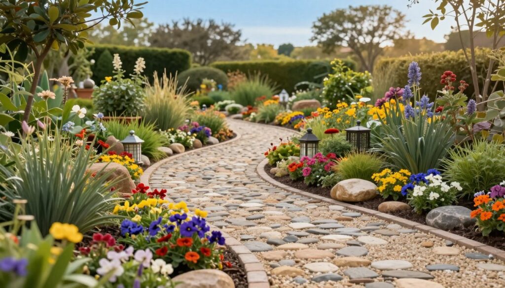 A beautifully landscaped garden featuring a winding path, showcasing a blend of practicality and decorative elements. In the foreground, vibrant flowers in various colors, neatly arranged stones, and soft greenery outline the path, inviting viewers to stroll along. The middle ground reveals the path itself, a combination of cobblestones and gravel, surrounded by lush plants and small decorative accents such as lanterns or garden ornaments. In the background, a serene garden landscape with trees and a clear blue sky merges into a warm, inviting atmosphere. The scene is bathed in soft, natural light, highlighting the textures and colors, captured at a slightly elevated angle to showcase the path's meandering nature and its harmony with the surrounding garden. A beautifully landscaped garden featuring a winding path, showcasing a blend of practicality and decorative elements. In the foreground, vibrant flowers in various colors, neatly arranged stones, and soft greenery outline the path, inviting viewers to stroll along. The middle ground reveals the path itself, a combination of cobblestones and gravel, surrounded by lush plants and small decorative accents such as lanterns or garden ornaments. In the background, a serene garden landscape with trees and a clear blue sky merges into a warm, inviting atmosphere. The scene is bathed in soft, natural light, highlighting the textures and colors, captured at a slightly elevated angle to showcase the path's meandering nature and its harmony with the surrounding garden.