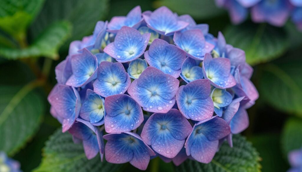 A close-up of a vibrant hydrangea flower cluster, showcasing its rich colors of blue and pink. Each petal glistens with morning dew, highlighting the delicate textures and intricate details. Surrounding the flowers, a soft-focus background of lush green leaves creates a natural and serene atmosphere. The lighting is soft and diffused, reminiscent of early morning light, emphasizing the beauty of the petals while casting gentle shadows. The composition is shot from a slightly elevated angle, allowing for a comprehensive view of the blooms and their environment. The mood is tranquil and informative, perfect for a section analyzing the chemical composition and toxins present in the plant. A close-up of a vibrant hydrangea flower cluster, showcasing its rich colors of blue and pink. Each petal glistens with morning dew, highlighting the delicate textures and intricate details. Surrounding the flowers, a soft-focus background of lush green leaves creates a natural and serene atmosphere. The lighting is soft and diffused, reminiscent of early morning light, emphasizing the beauty of the petals while casting gentle shadows. The composition is shot from a slightly elevated angle, allowing for a comprehensive view of the blooms and their environment. The mood is tranquil and informative, perfect for a section analyzing the chemical composition and toxins present in the plant.