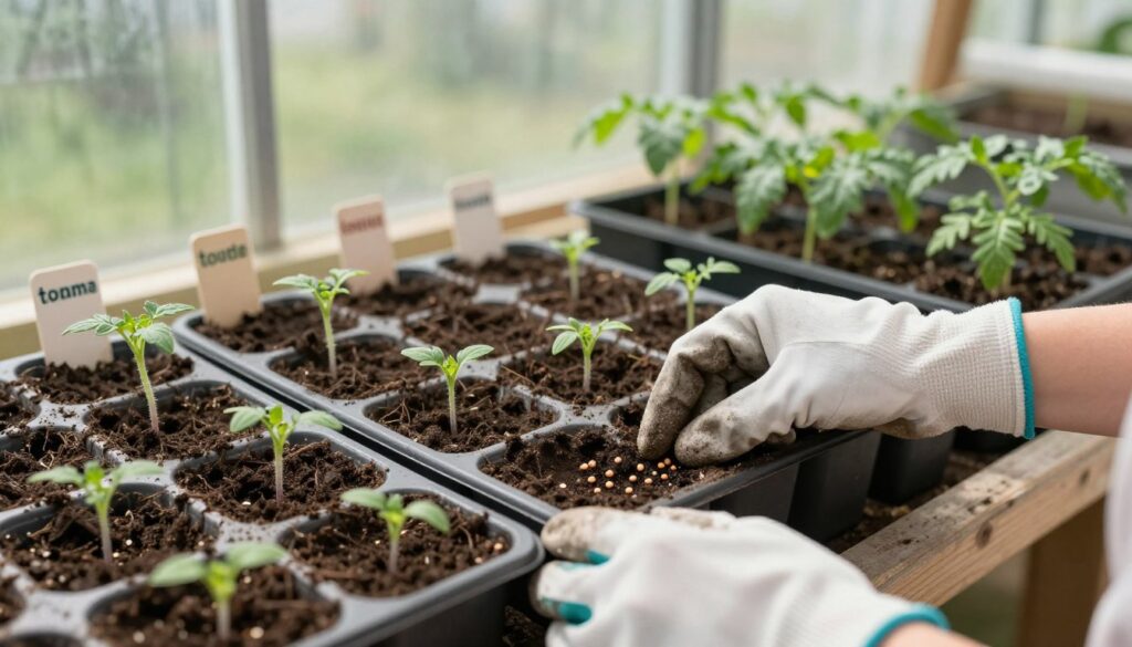 A close-up scene depicting the step-by-step technique of seed sowing for tomato plants. In the foreground, a pair of hands, wearing gardening gloves, gently placing tomato seeds into prepared soil in small seed trays. The middle ground showcases neatly arranged trays filled with rich, dark soil and tiny seedlings emerging, with small labels indicating different tomato varieties. In the background, a bright greenhouse filled with natural light filtering through the glass panels, illuminating the plants and casting soft shadows. The atmosphere is one of nurturing and care, with a focus on growth and sustainability, evoking a sense of diligence and anticipation for the upcoming gardening season. A close-up scene depicting the step-by-step technique of seed sowing for tomato plants. In the foreground, a pair of hands, wearing gardening gloves, gently placing tomato seeds into prepared soil in small seed trays. The middle ground showcases neatly arranged trays filled with rich, dark soil and tiny seedlings emerging, with small labels indicating different tomato varieties. In the background, a bright greenhouse filled with natural light filtering through the glass panels, illuminating the plants and casting soft shadows. The atmosphere is one of nurturing and care, with a focus on growth and sustainability, evoking a sense of diligence and anticipation for the upcoming gardening season.