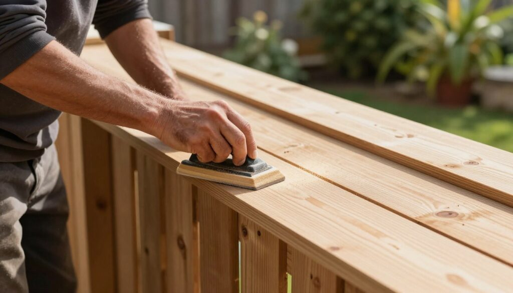 A close-up scene of a wooden fence in the process of preparation for painting. The foreground features a skilled artisan sanding the wooden surface, wearing modest casual clothing, focused on ensuring a smooth finish. In the middle ground, the wooden planks display visible grain and texture, with scattered sanding dust glimmering in soft, natural sunlight. The background showcases a lush garden, with green foliage slightly blurred to emphasize the preparation process. The lighting is warm and inviting, casting gentle shadows that enhance the details of the wood. The mood is industrious yet relaxed, reflecting the care taken in preparing the surface before applying weather-resistant paint. A close-up scene of a wooden fence in the process of preparation for painting. The foreground features a skilled artisan sanding the wooden surface, wearing modest casual clothing, focused on ensuring a smooth finish. In the middle ground, the wooden planks display visible grain and texture, with scattered sanding dust glimmering in soft, natural sunlight. The background showcases a lush garden, with green foliage slightly blurred to emphasize the preparation process. The lighting is warm and inviting, casting gentle shadows that enhance the details of the wood. The mood is industrious yet relaxed, reflecting the care taken in preparing the surface before applying weather-resistant paint.