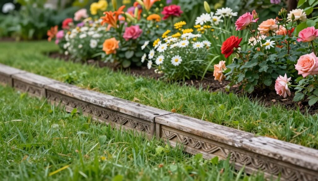 A close-up view of a beautifully defined garden border separating lush green grass from a vibrant flower bed. In the foreground, showcase a well-crafted wooden or stone edging with intricate designs, lightly weathered to add character. In the middle ground, the grass is a rich, deep green, while the flower bed bursts with colorful blooms—roses, daisies, and lilies in full bloom. In the background, gently blurred greenery provides a lush setting. Soft, natural lighting illuminates the scene, casting delicate shadows that enhance the textures of the edging and the foliage. Create a serene, harmonious atmosphere that highlights the importance of well-defined garden borders, emphasizing aesthetics and practical landscaping. Ensure the focus remains on the garden elements, with no people present. A close-up view of a beautifully defined garden border separating lush green grass from a vibrant flower bed. In the foreground, showcase a well-crafted wooden or stone edging with intricate designs, lightly weathered to add character. In the middle ground, the grass is a rich, deep green, while the flower bed bursts with colorful blooms—roses, daisies, and lilies in full bloom. In the background, gently blurred greenery provides a lush setting. Soft, natural lighting illuminates the scene, casting delicate shadows that enhance the textures of the edging and the foliage. Create a serene, harmonious atmosphere that highlights the importance of well-defined garden borders, emphasizing aesthetics and practical landscaping. Ensure the focus remains on the garden elements, with no people present.