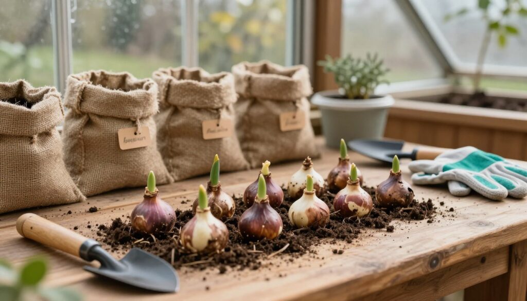 A close-up view of a gardening workspace showcasing the meticulous preparation of planting bulbs for winter storage. In the foreground, neatly arranged tulip bulbs with rich, earthy tones are surrounded by gardening tools such as trowels and gloves, suggesting a hands-on approach. The middle ground features a wooden table with burlap sacks and labels, creating an organized and rustic feel, while the background showcases a cozy greenhouse with soft, diffused sunlight filtering through glass panels, casting gentle shadows. The atmosphere is warm and inviting, evoking a sense of care and dedication to gardening. The composition uses natural lighting to highlight textures and colors, creating an intimate snapshot of seasonal gardening preparation. A close-up view of a gardening workspace showcasing the meticulous preparation of planting bulbs for winter storage. In the foreground, neatly arranged tulip bulbs with rich, earthy tones are surrounded by gardening tools such as trowels and gloves, suggesting a hands-on approach. The middle ground features a wooden table with burlap sacks and labels, creating an organized and rustic feel, while the background showcases a cozy greenhouse with soft, diffused sunlight filtering through glass panels, casting gentle shadows. The atmosphere is warm and inviting, evoking a sense of care and dedication to gardening. The composition uses natural lighting to highlight textures and colors, creating an intimate snapshot of seasonal gardening preparation.
