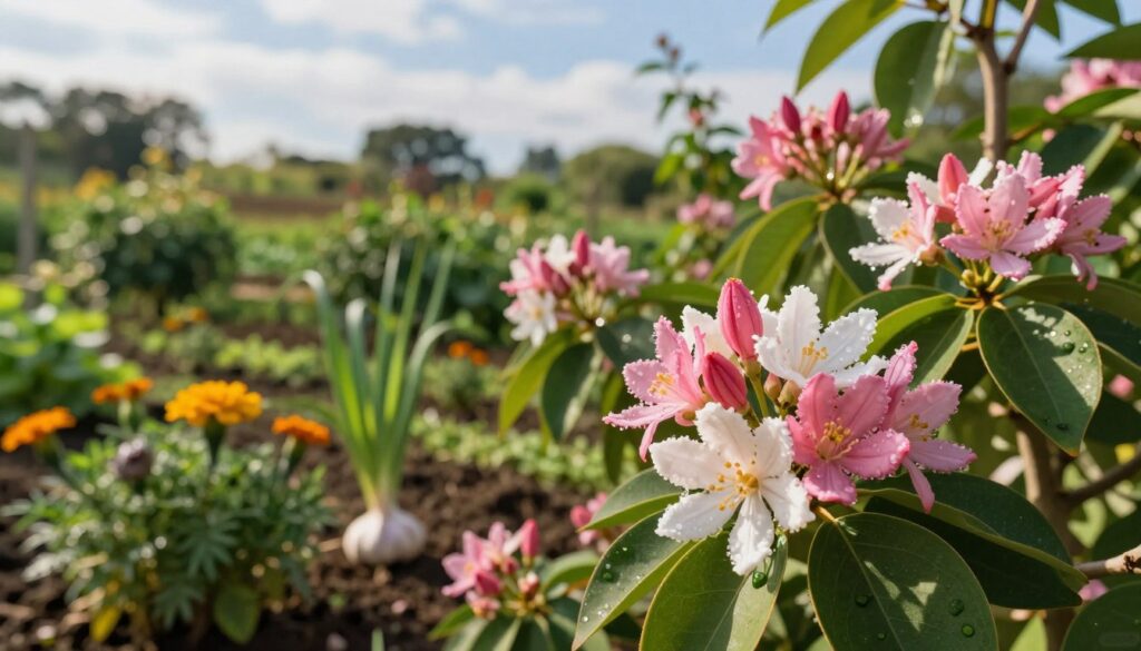 A close-up view of a healthy clove garden, showcasing vibrant pink and white clove flowers surrounded by lush green foliage. In the foreground, the clove plants are in full bloom, their delicate petals glistening with morning dew. In the middle ground, a variety of natural pest deterrents such as garlic and marigold plants are strategically placed to illustrate companion planting. The background features a sunny garden, softly blurred to create depth, with a blue sky and light wispy clouds. The lighting is warm and inviting, casting gentle shadows to enhance the textures of the leaves and flowers. The atmosphere is peaceful, representing a thriving garden ecosystem, with a focus on sustainable gardening practices. A close-up view of a healthy clove garden, showcasing vibrant pink and white clove flowers surrounded by lush green foliage. In the foreground, the clove plants are in full bloom, their delicate petals glistening with morning dew. In the middle ground, a variety of natural pest deterrents such as garlic and marigold plants are strategically placed to illustrate companion planting. The background features a sunny garden, softly blurred to create depth, with a blue sky and light wispy clouds. The lighting is warm and inviting, casting gentle shadows to enhance the textures of the leaves and flowers. The atmosphere is peaceful, representing a thriving garden ecosystem, with a focus on sustainable gardening practices.